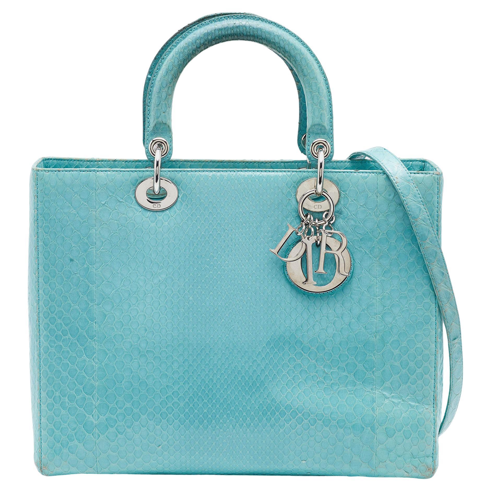 Dior Light Blue Python Leather Large Lady Dior Tote For Sale
