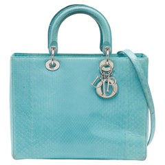Used Dior Light Blue Python Leather Large Lady Dior Tote