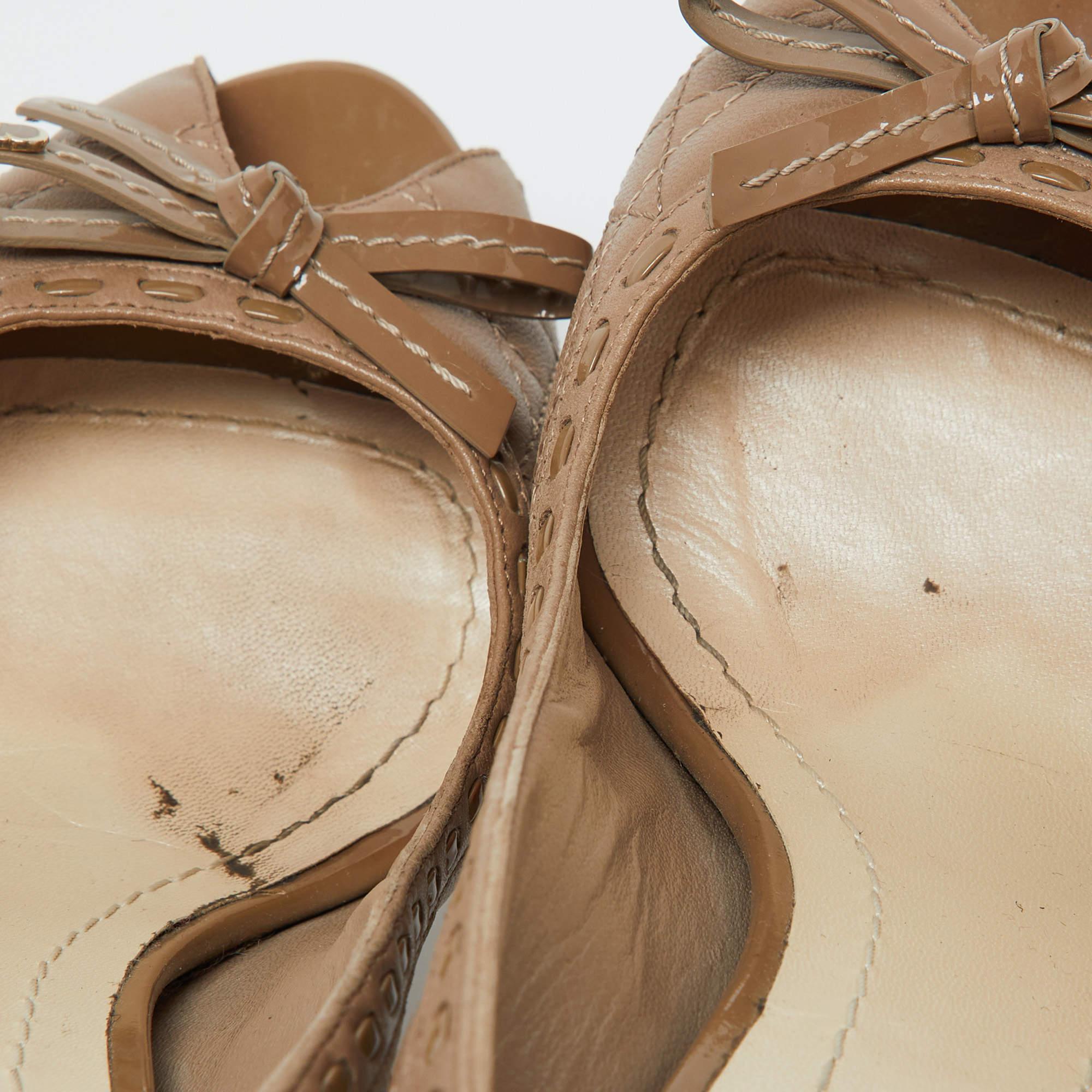 Women's Dior Light Brown Cannage Leather Bow Peep Toe Pumps Size 40 For Sale