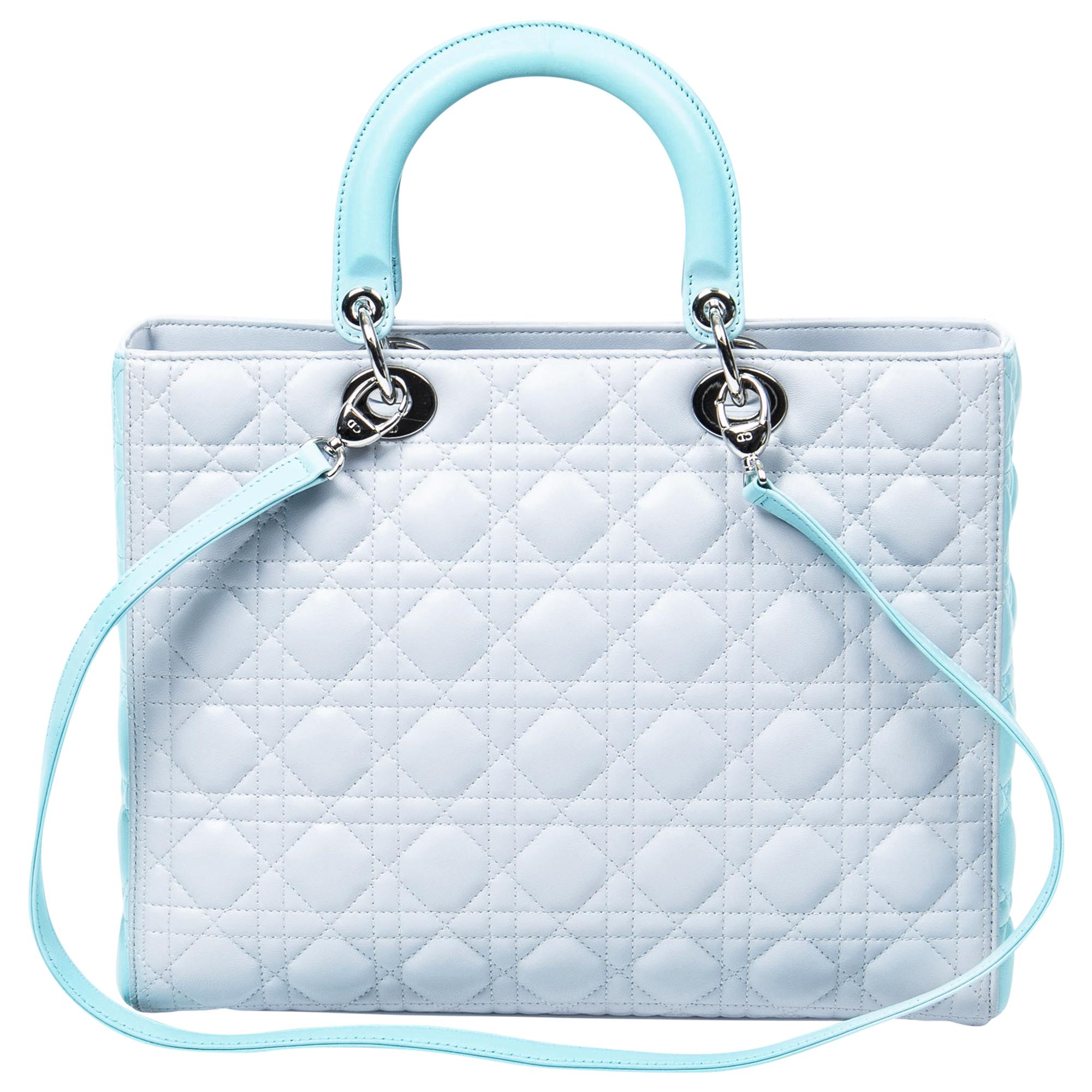 Dior Light Gray/Light Turquoise Large Bicolor Lady Dior In Excellent Condition For Sale In Atlanta, GA