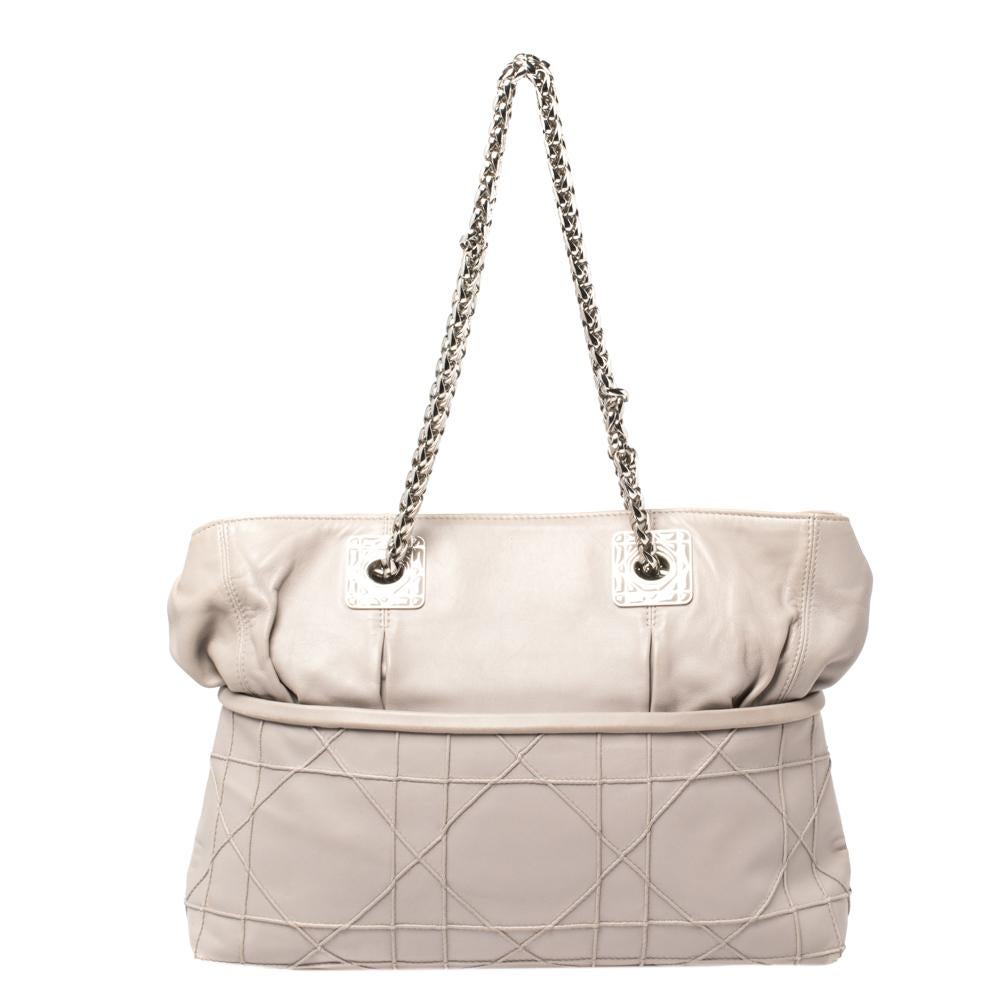 Bolso Dior Gris Claro Cannage Piel Granville Chain Link Beige