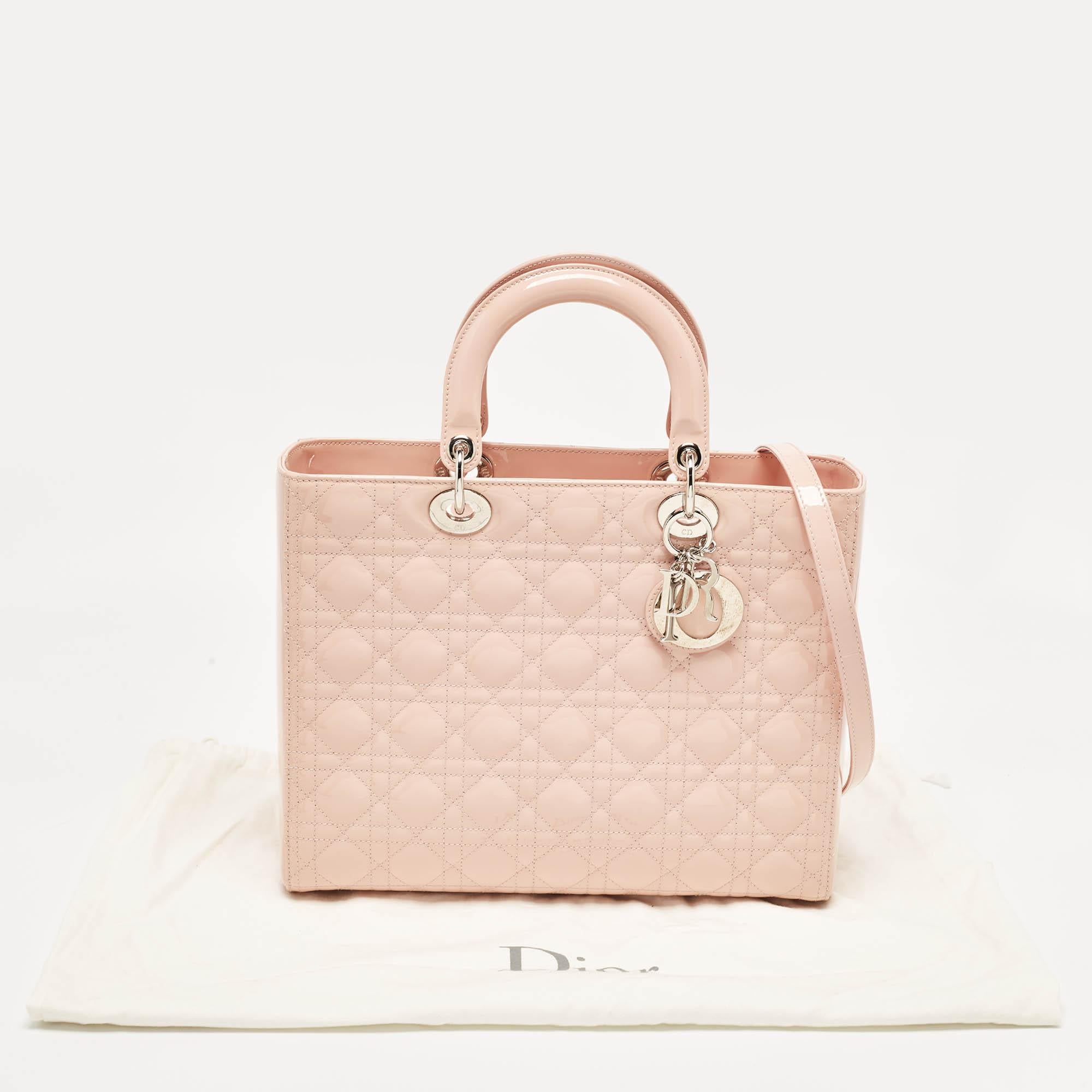 Dior Light Pink Cannage Patent Leather Large Lady Dior Tote 11