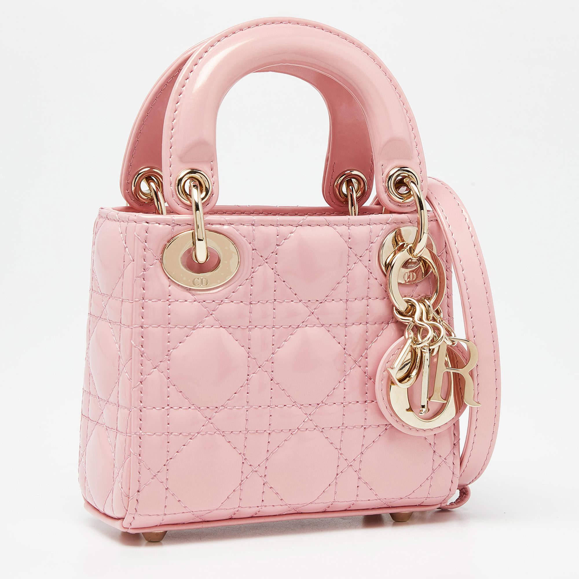 Dior Light Pink Cannage Patent Leather Micro Lady Dior Tote In Excellent Condition In Dubai, Al Qouz 2