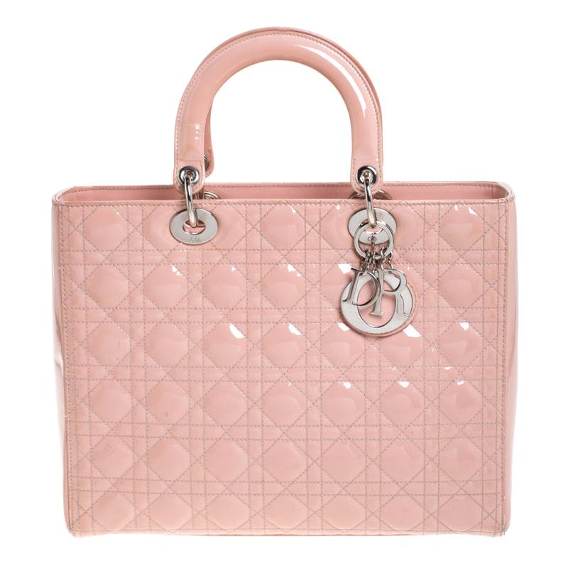 Dior Light Pink Cannage Quilted Patent Leather Large Lady Dior Tote