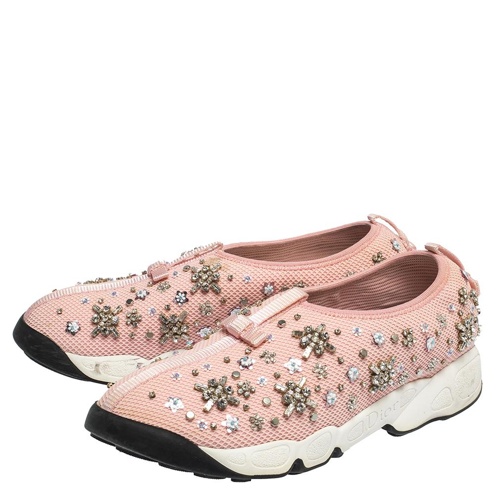 Beige Dior Light Pink Crystal Embellished Fusion Slip On Sneakers Size 39