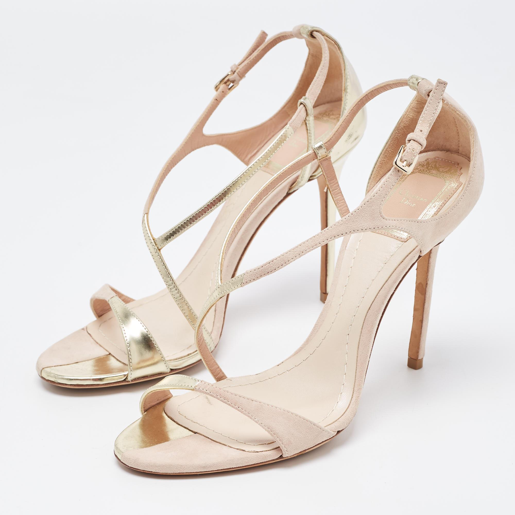 Dior Light Pink/Gold Suede and Leather D'orsay Sandals Size 38 In Good Condition In Dubai, Al Qouz 2