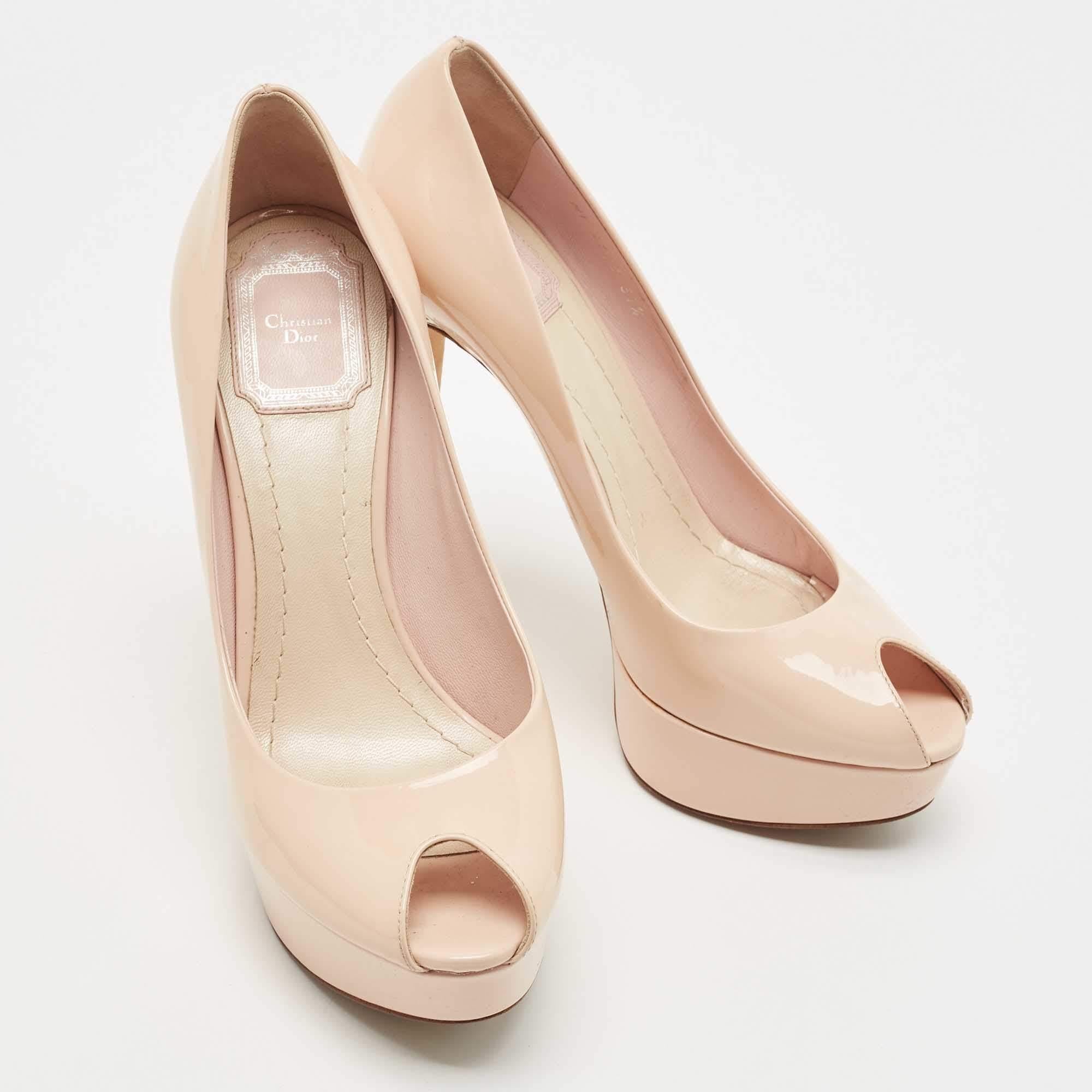 Women's Dior Light Pink Patent Leather Peep Toe Cannage Heel Platform Pumps Size 37.5