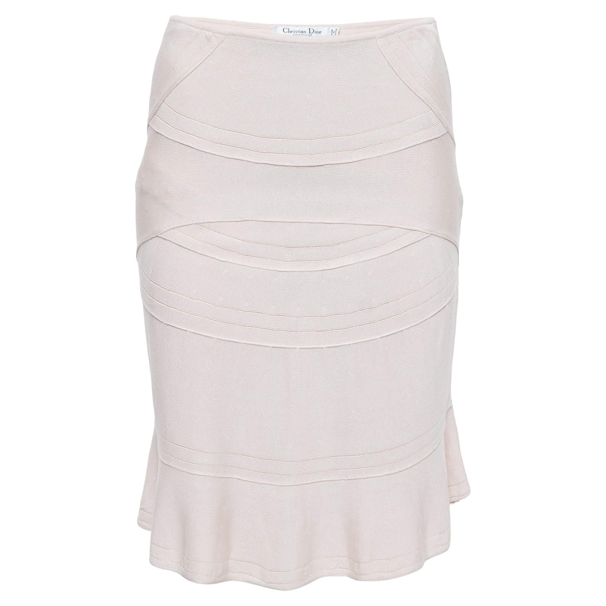Dior Light Pink Patterned Silk Knit Knee Length Skirt L For Sale