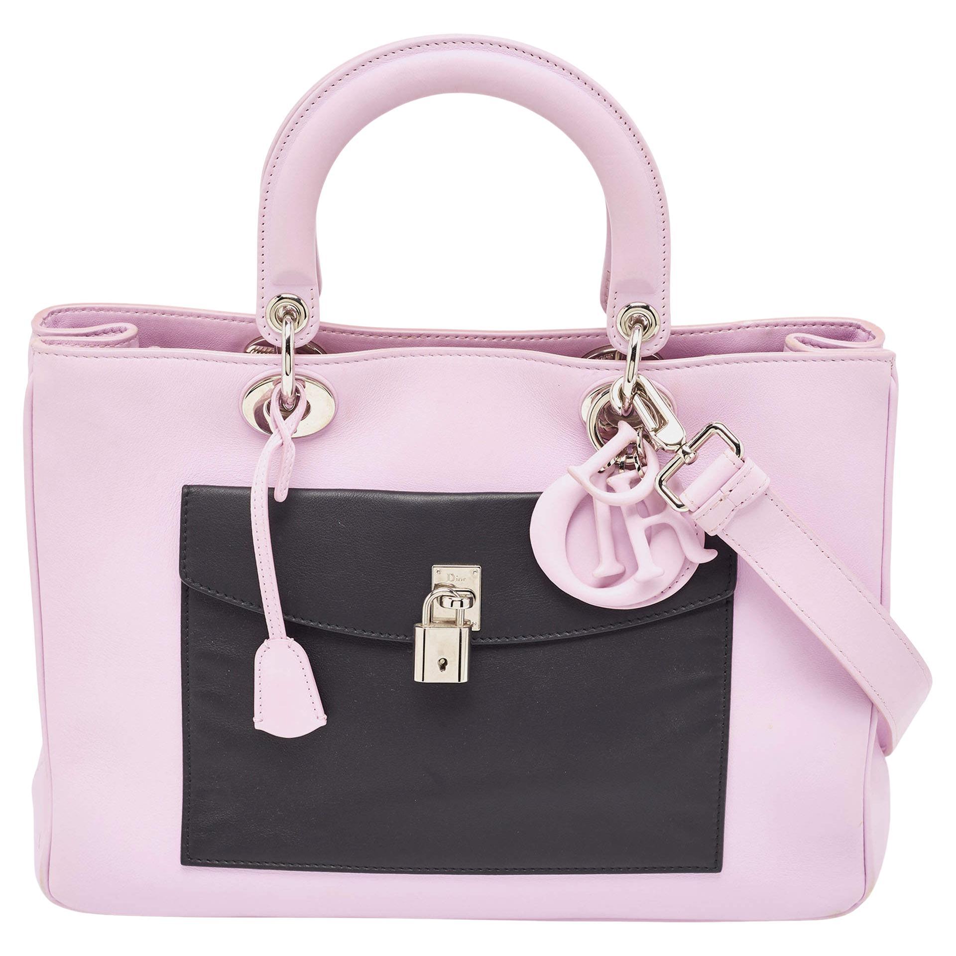 Dior Lilac/Black Leather Large Lady Dior Pocket Tote For Sale