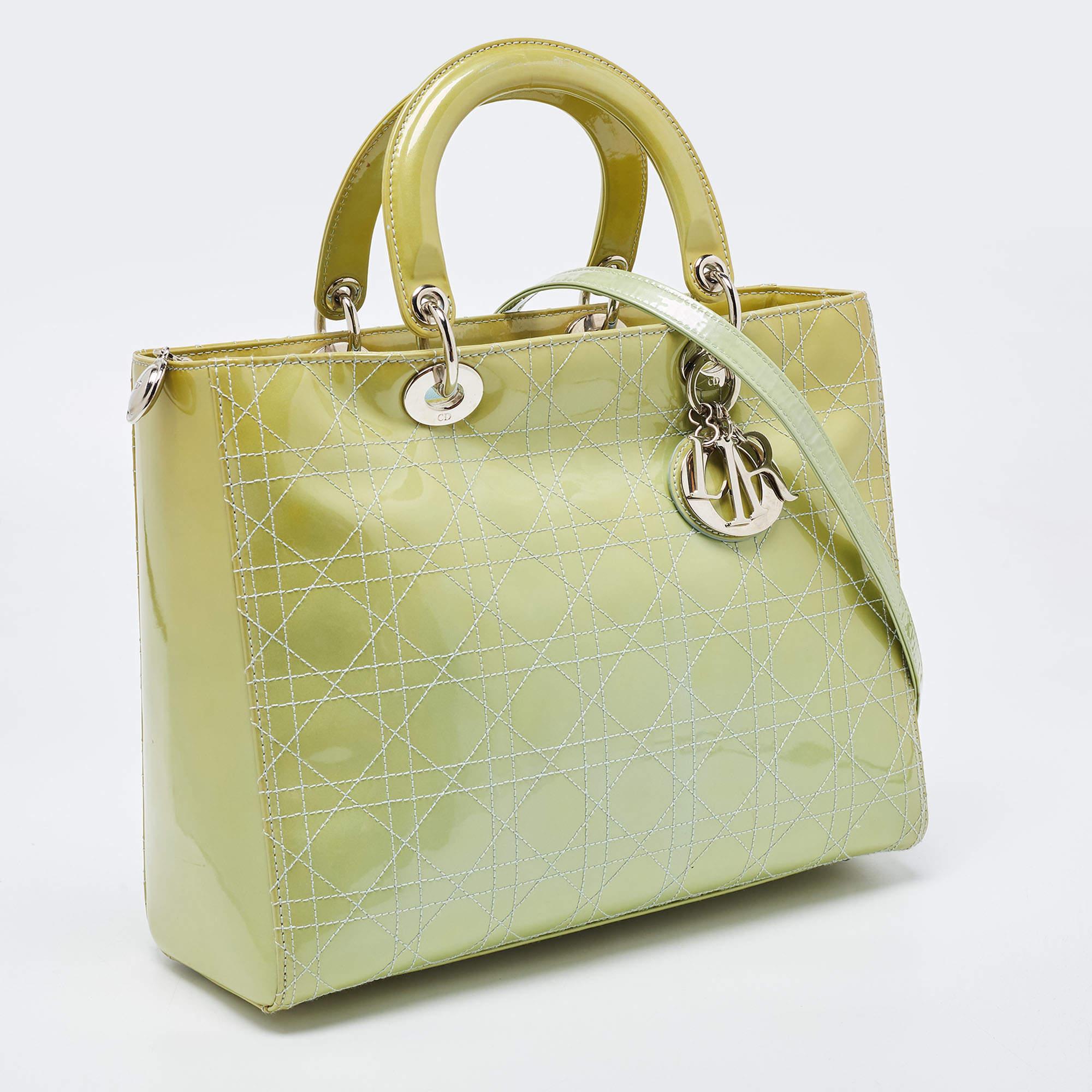 Women's Dior Lime Green Cannage Patent Leather Large Lady Dior Tote