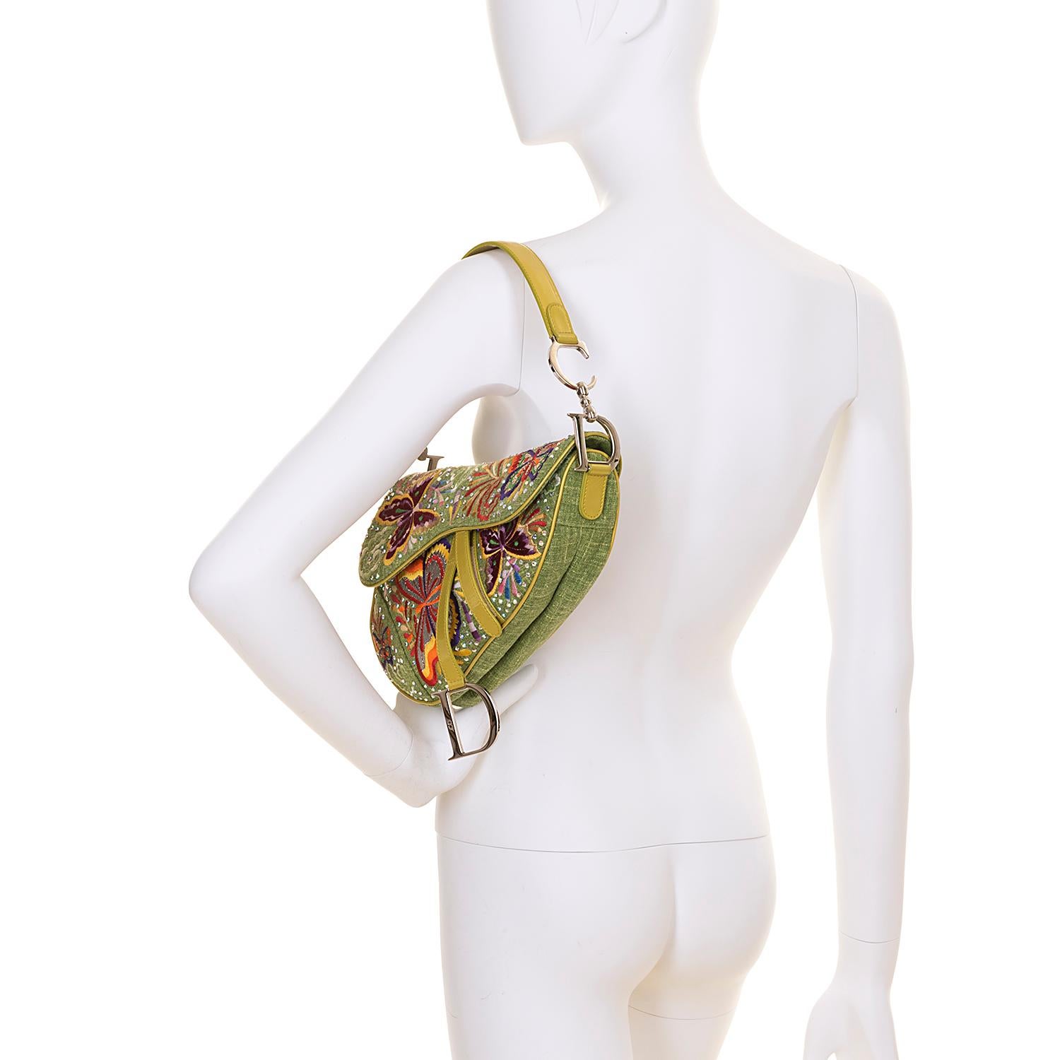Dior Lime Green Embroidered 'Butterfly' 26cm Saddle Bag - SHW - Limited Edition  In Excellent Condition In London, GB