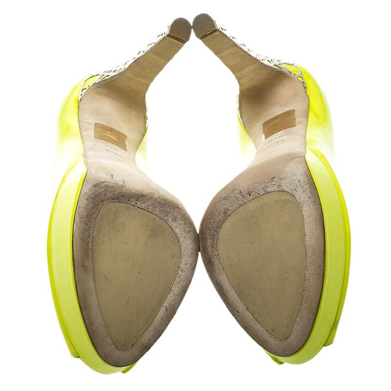 Dior Lime Green Patent Leather Peep Toe Cannage Heel Platform Pumps