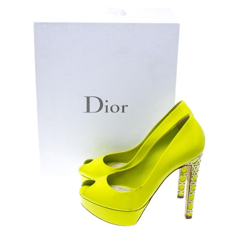 Dior Lime Green Patent Leather Peep Toe Cannage Heel Platform Pumps