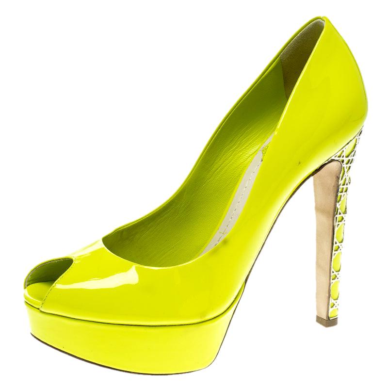 Dior Lime Green Patent Leather Peep Toe Cannage Heel Platform Pumps ...