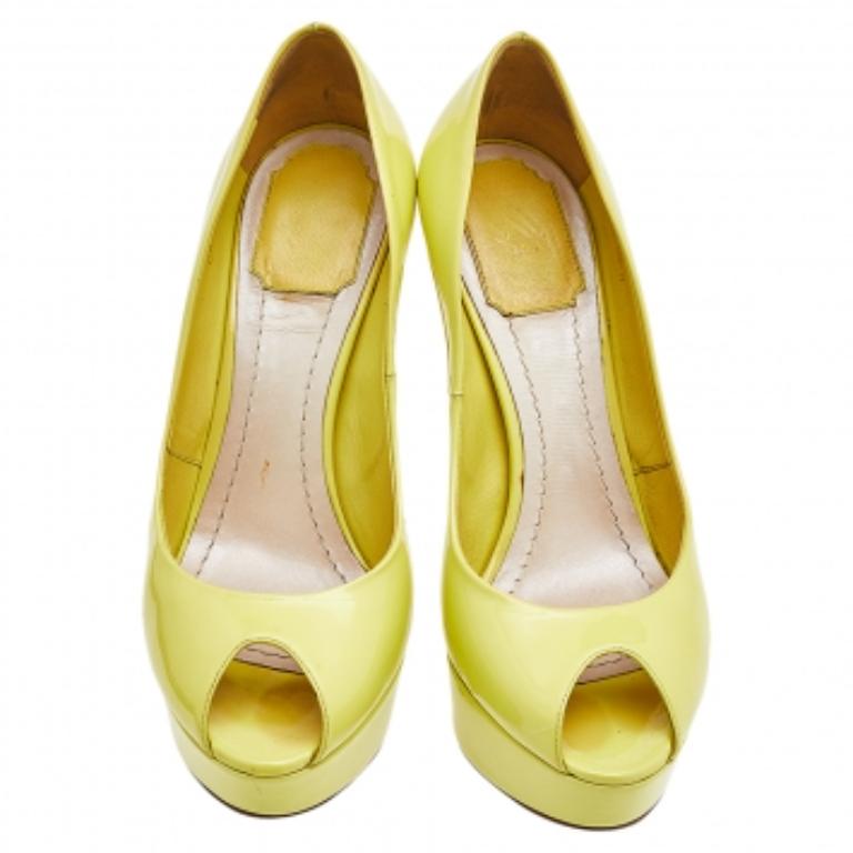 Miss Dior en cuir verni jaune lime Peep Toe Platform Pumps Size 37.5 en vente 2
