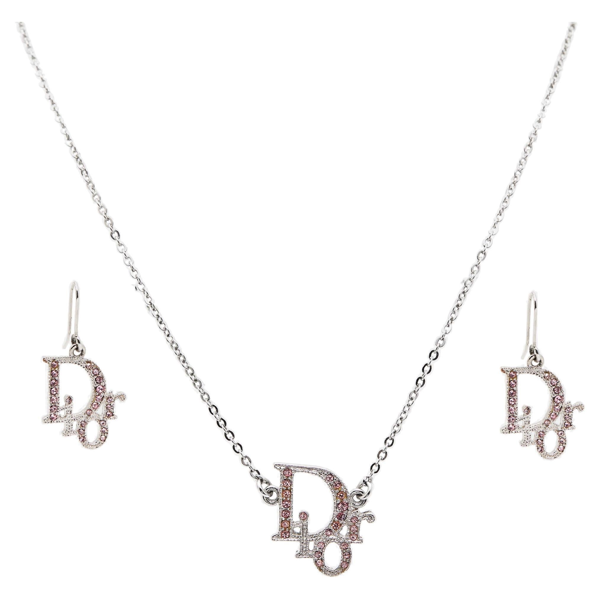 Dior Logo Crystal Silver Tone Necklace and Earrings For Sale