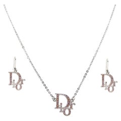 Vintage Dior Logo Crystal Silver Tone Necklace and Earrings