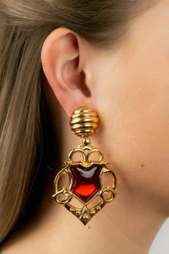 Dior Long Earrings Clips in Gold Metal and Red Cabochon