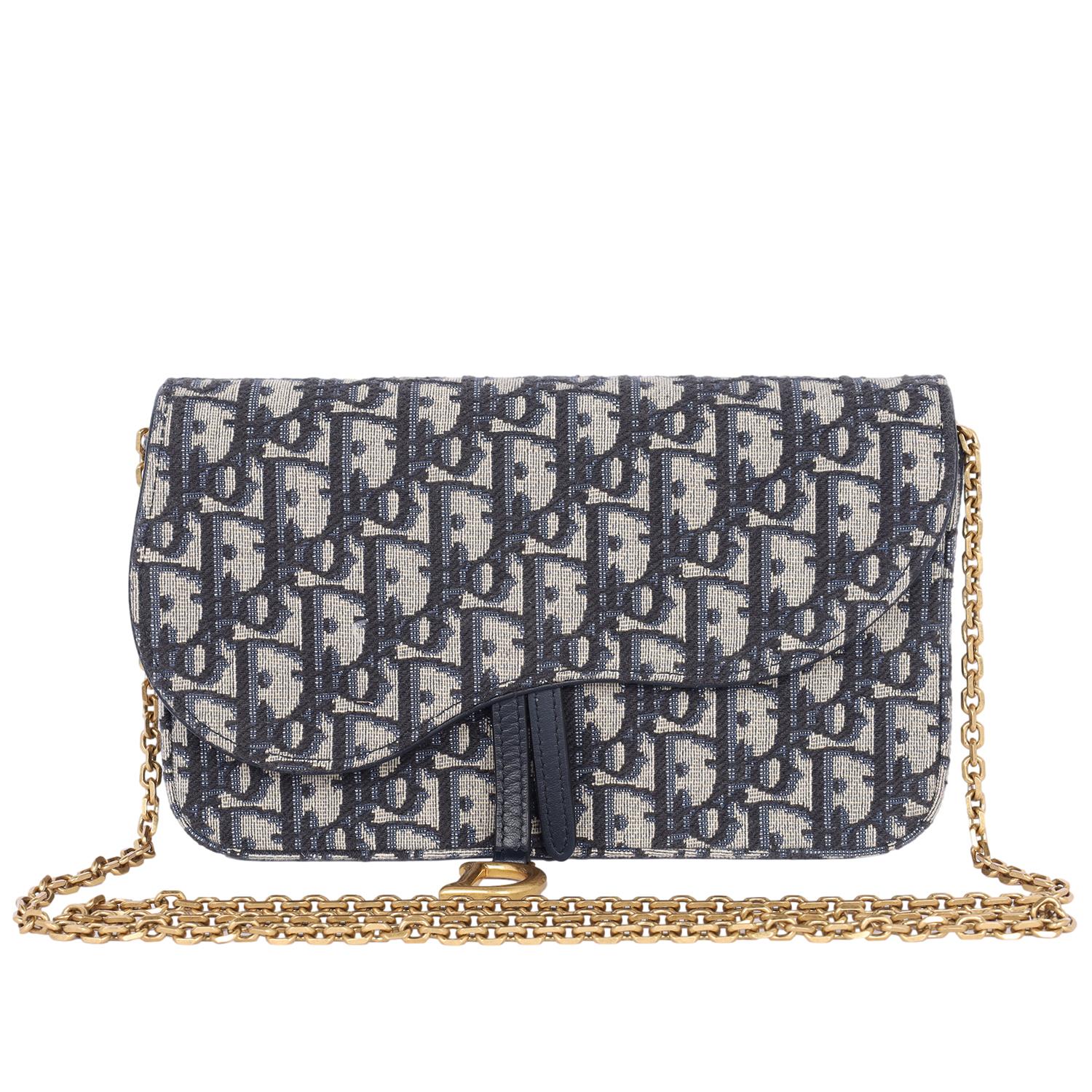 Gray Dior Long Saddle Wallet with Chain Blue
