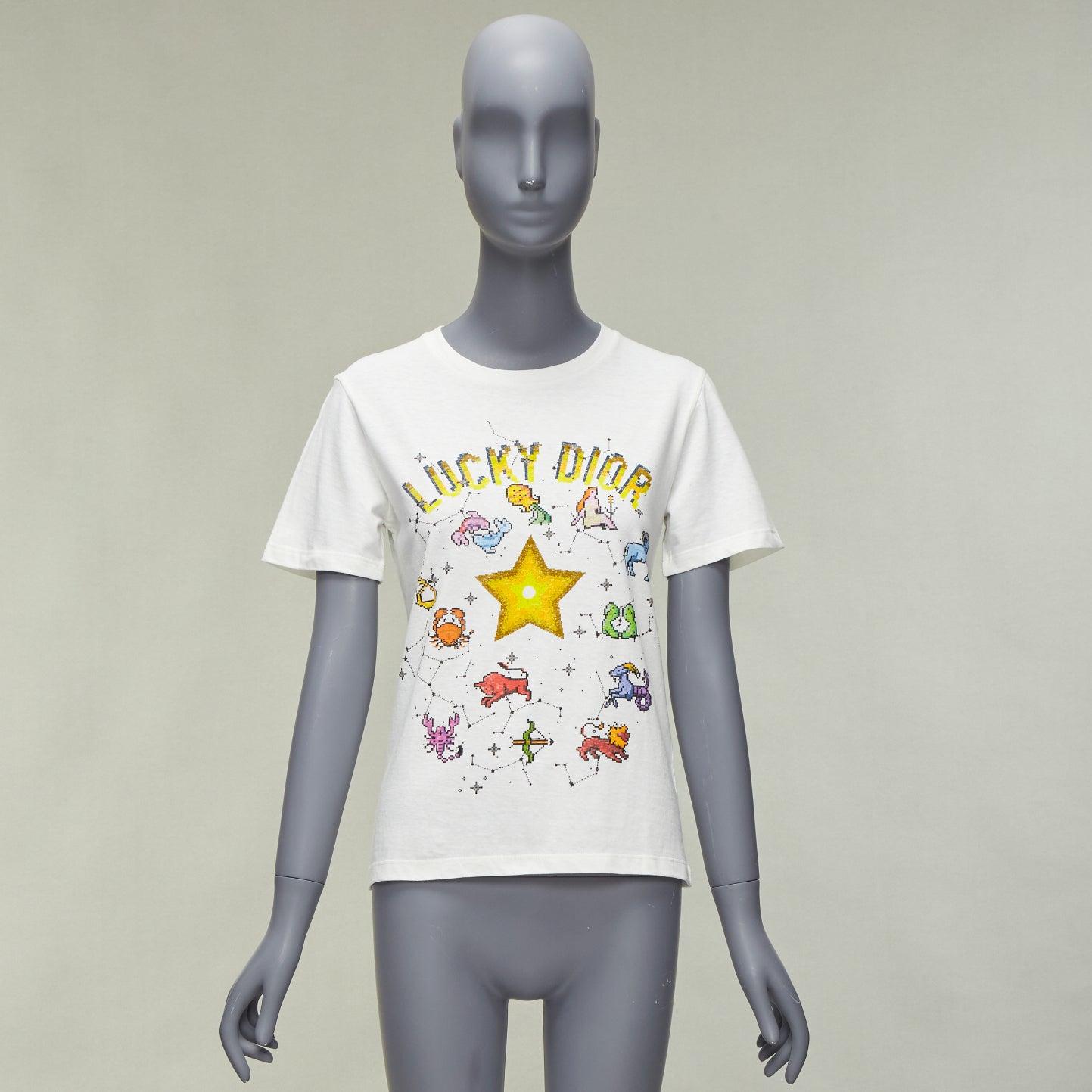 DIOR Lucky Dior Zodiac Pixel print white cotton linen short sleeve tshirt XS For Sale 6