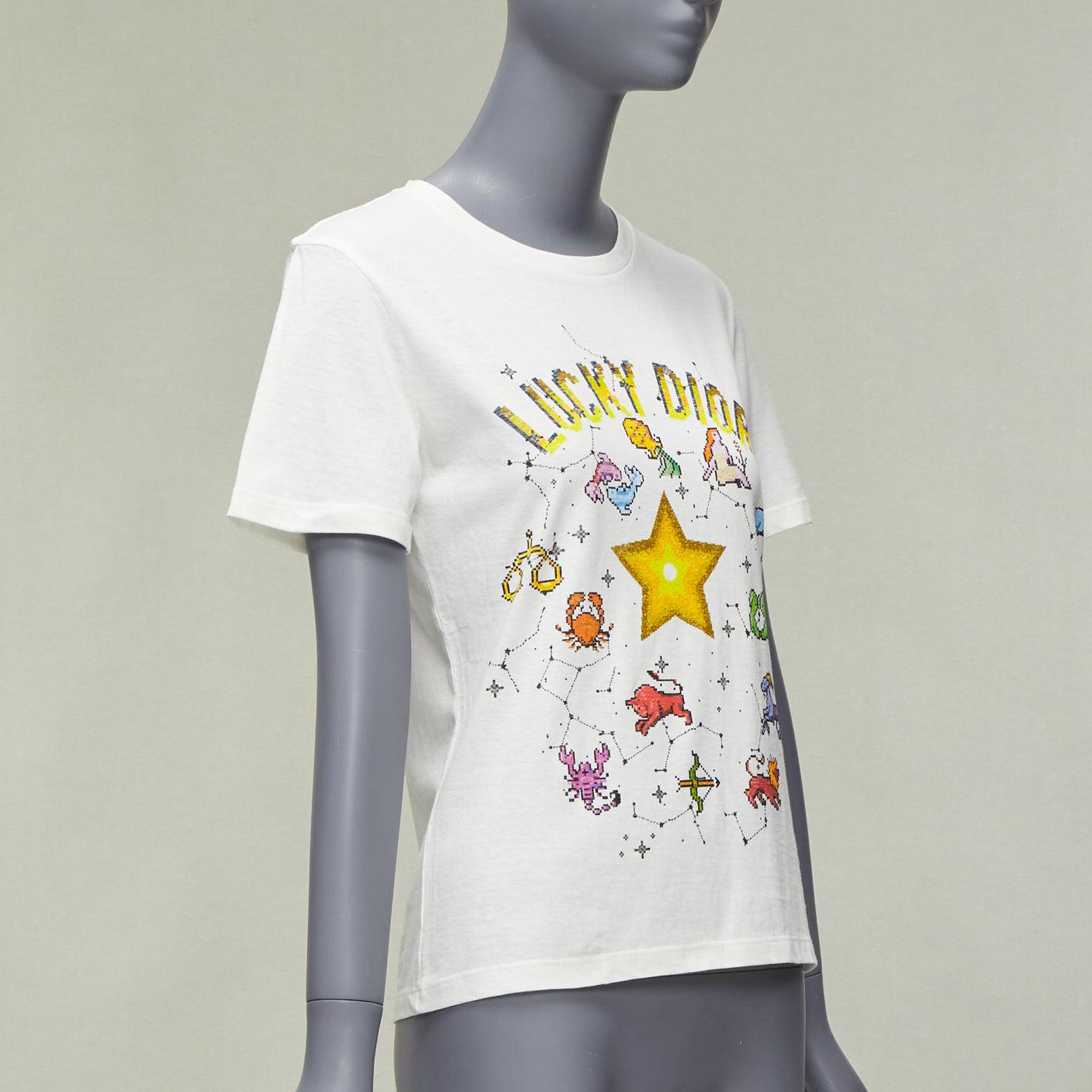 Gray DIOR Lucky Dior Zodiac Pixel print white cotton linen short sleeve tshirt XS For Sale