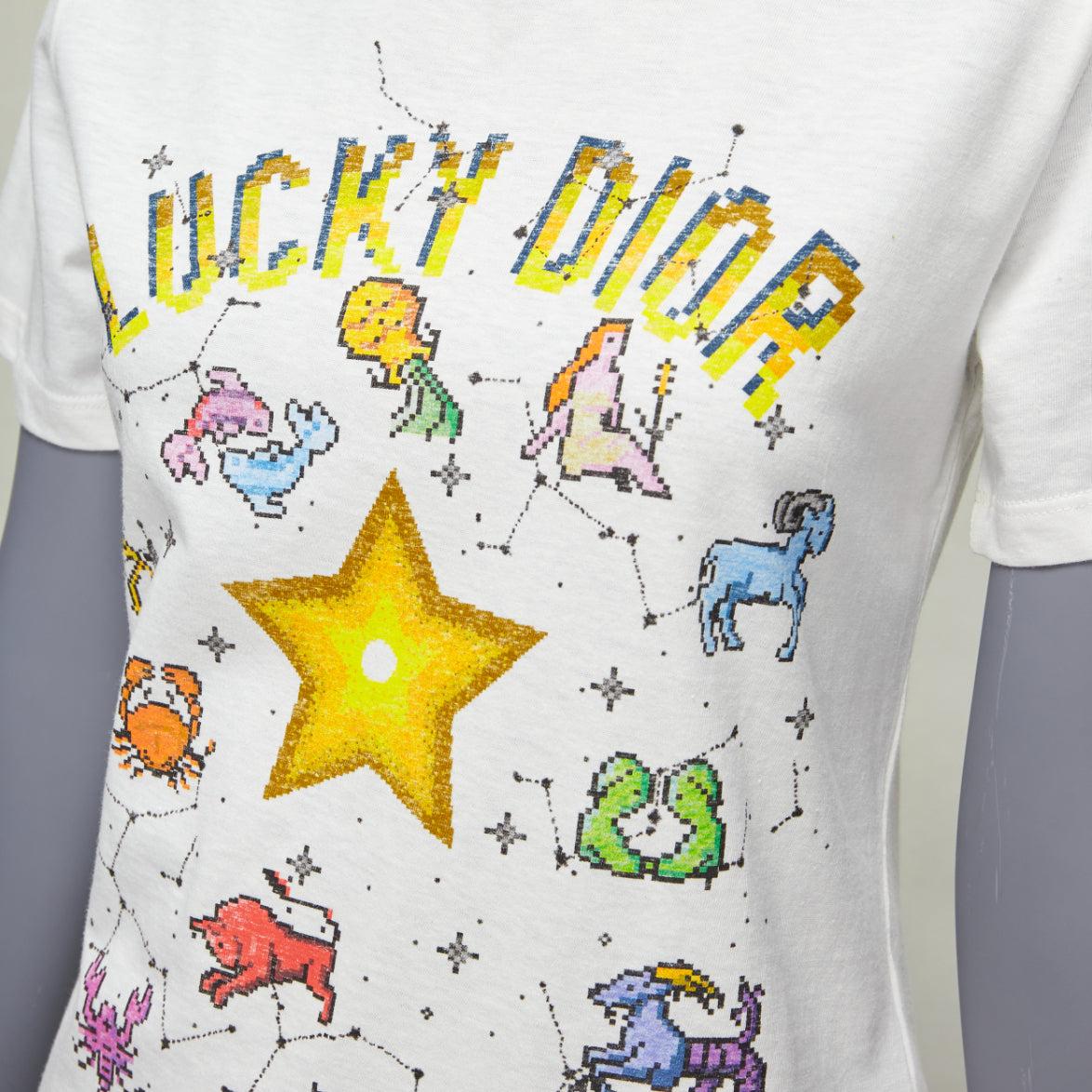 DIOR Lucky Dior Zodiac Pixel print white cotton linen short sleeve tshirt XS For Sale 2