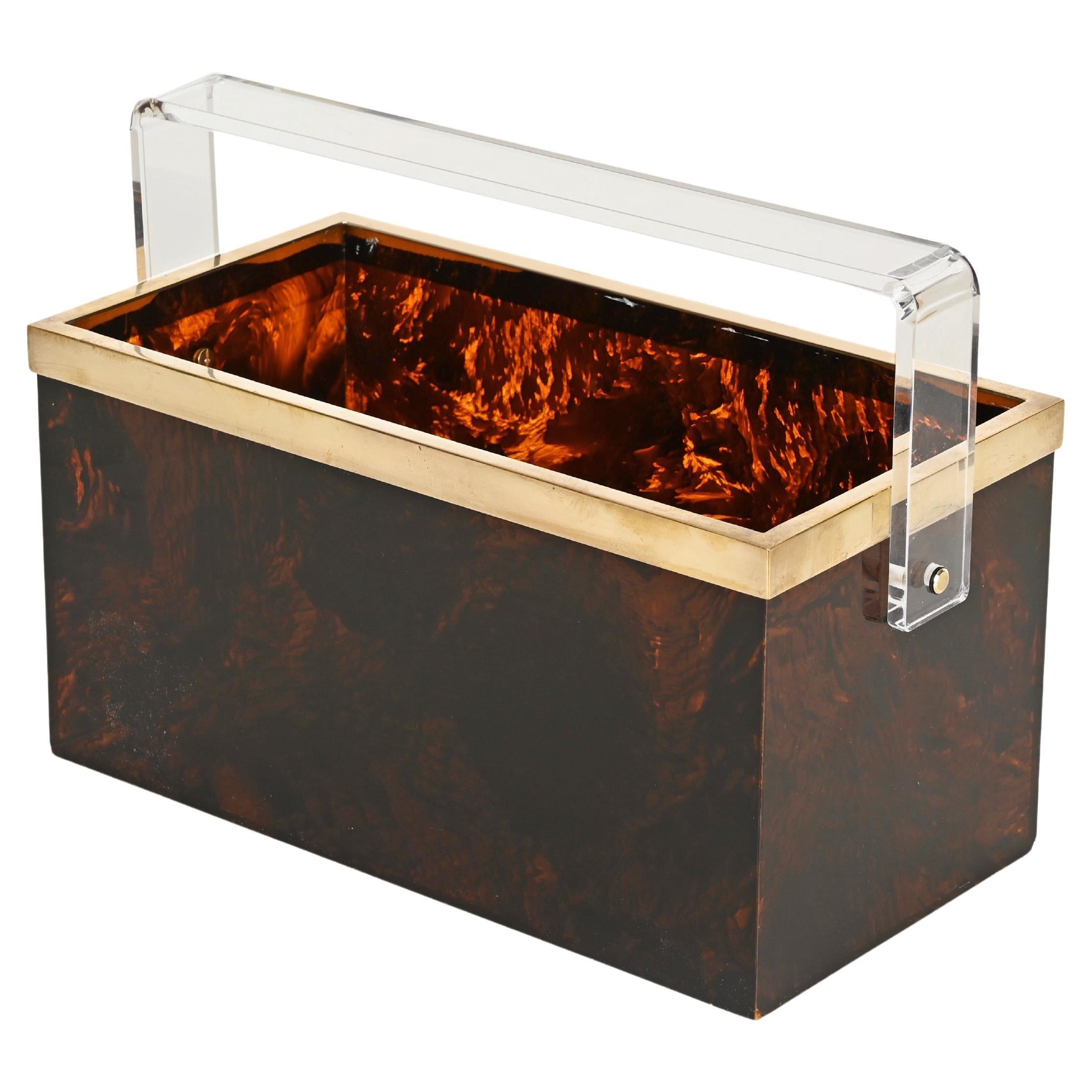 Dior Magazine or Bottle Rack Tortoiseshell Lucite and Brass, Italy 1970s