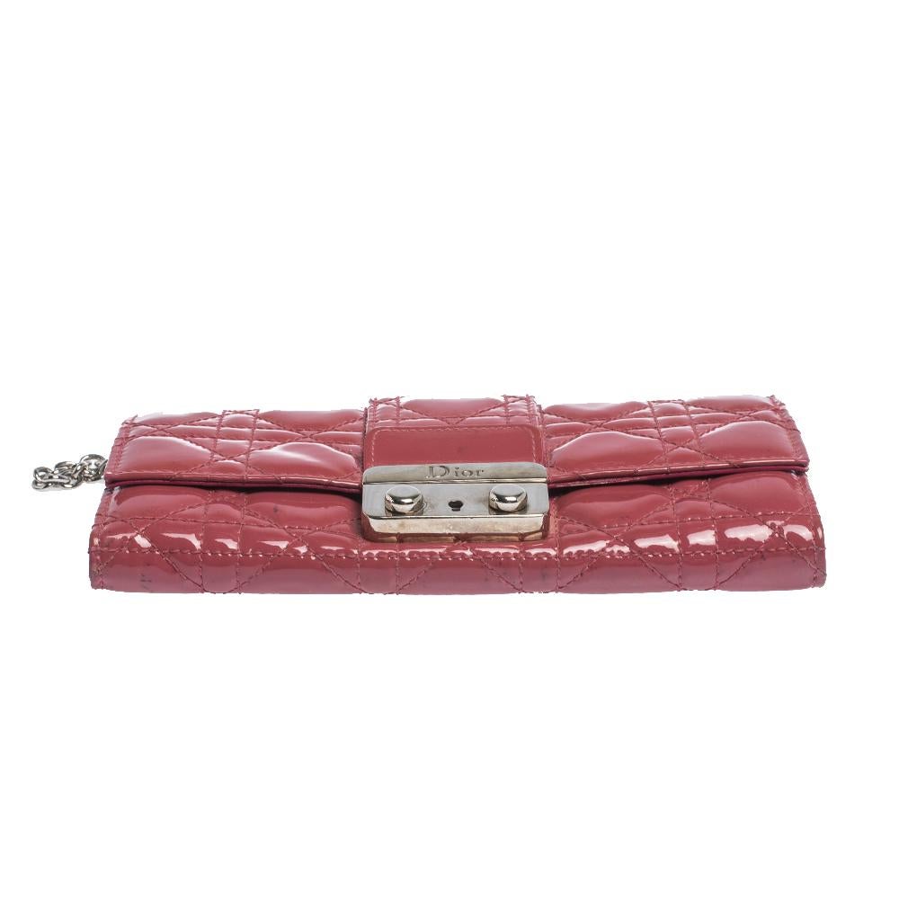 Brown Dior Magenta Cannage Leather New Lock Wallet on Chain