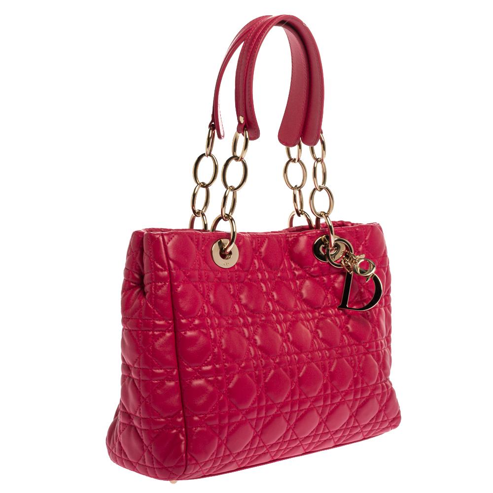 Dior Magenta Cannage Leather Small Soft Lady Dior Shopping Tote In Good Condition In Dubai, Al Qouz 2
