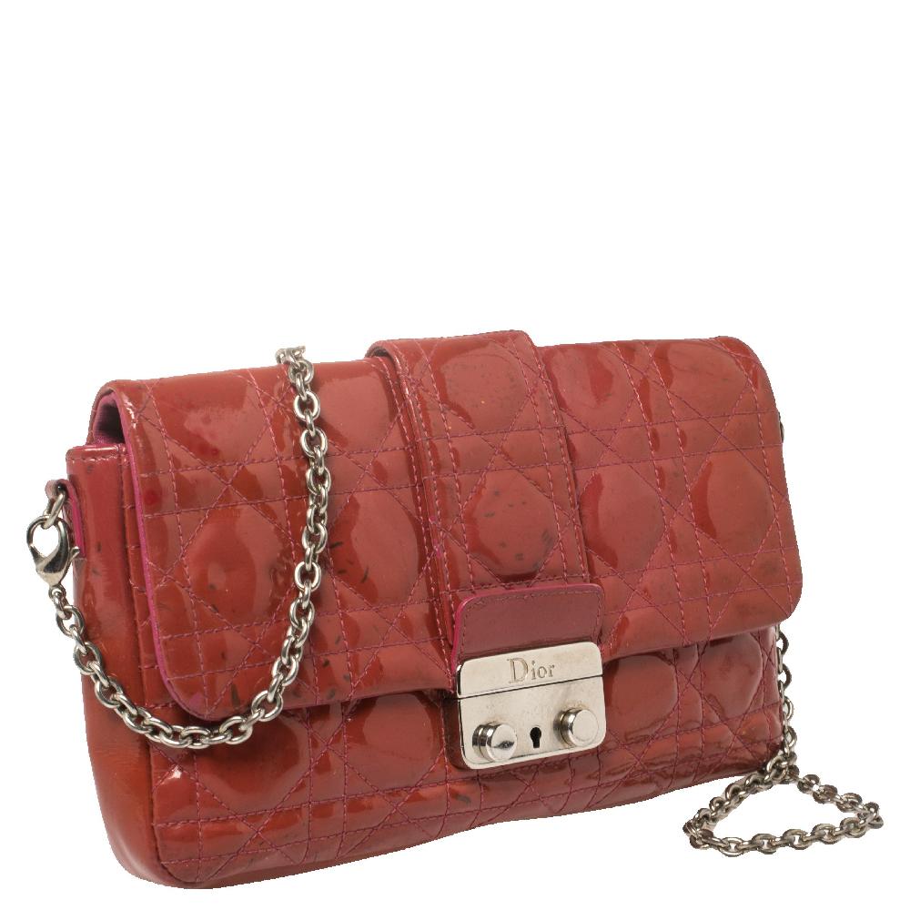 Brown Dior Magenta Cannage Patent Leather New Lock Chain Clutch