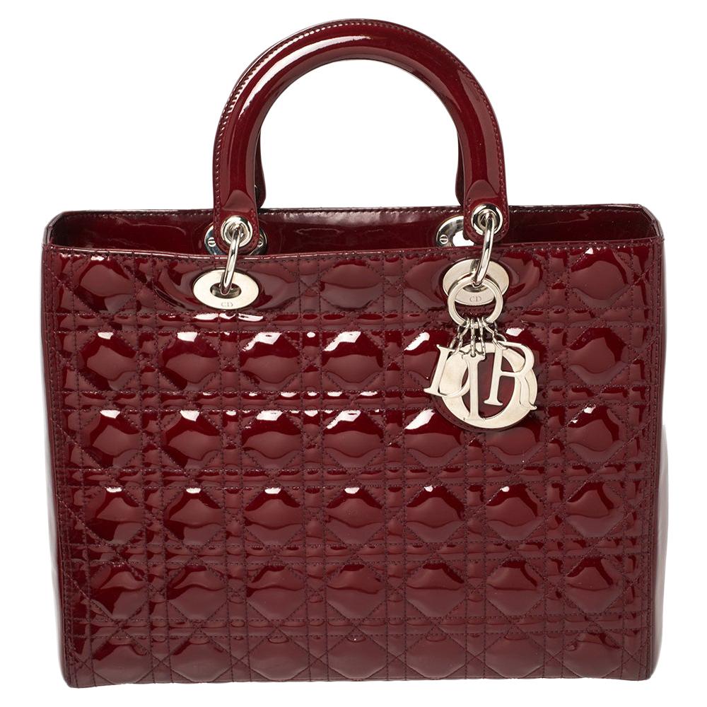 Dior Maroon Cannage Patent Leather Large Lady Dior Tote