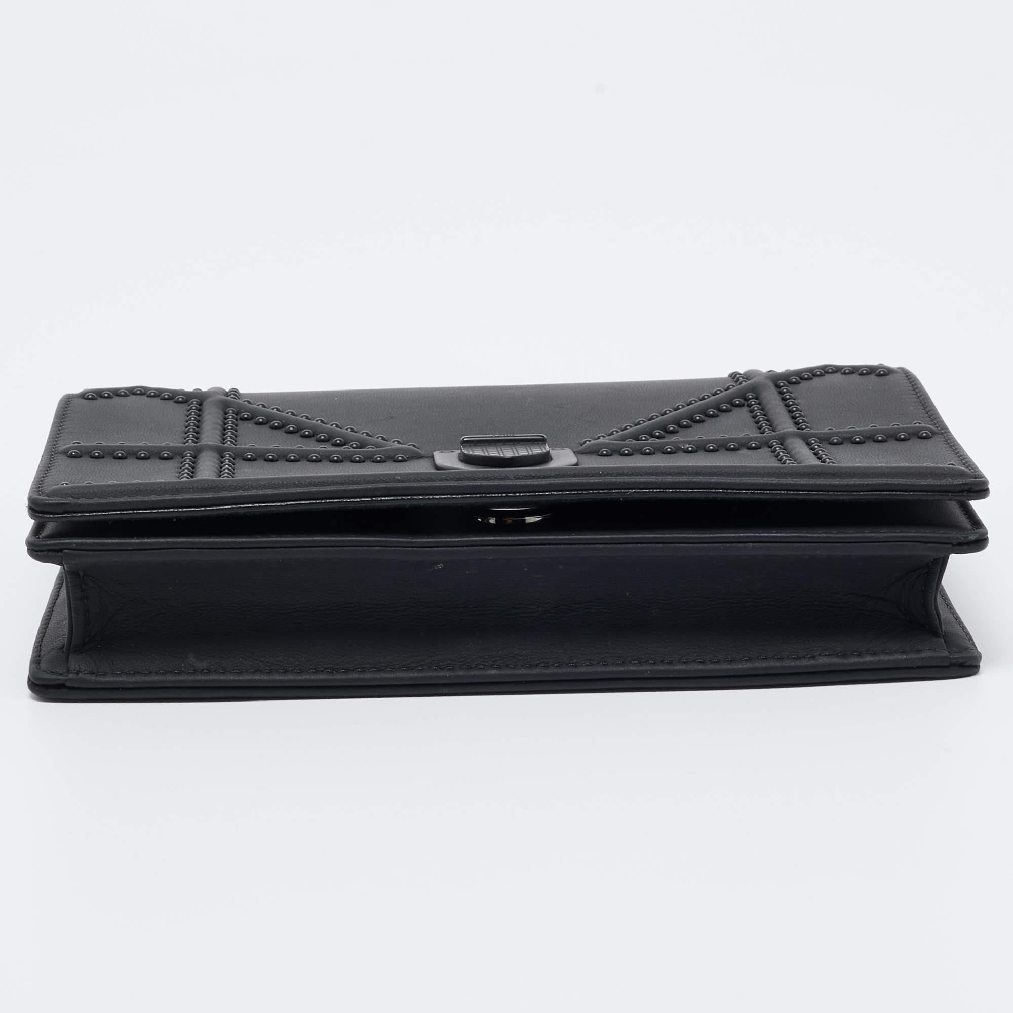 Dior Matte Black Leather Studded Diorama Wallet on Chain 4