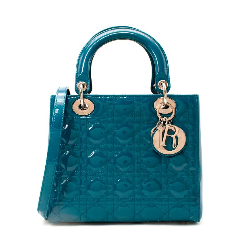 Blue Dior Medium Teal Patent Leather Cannage Lady Dior Bag For Sale