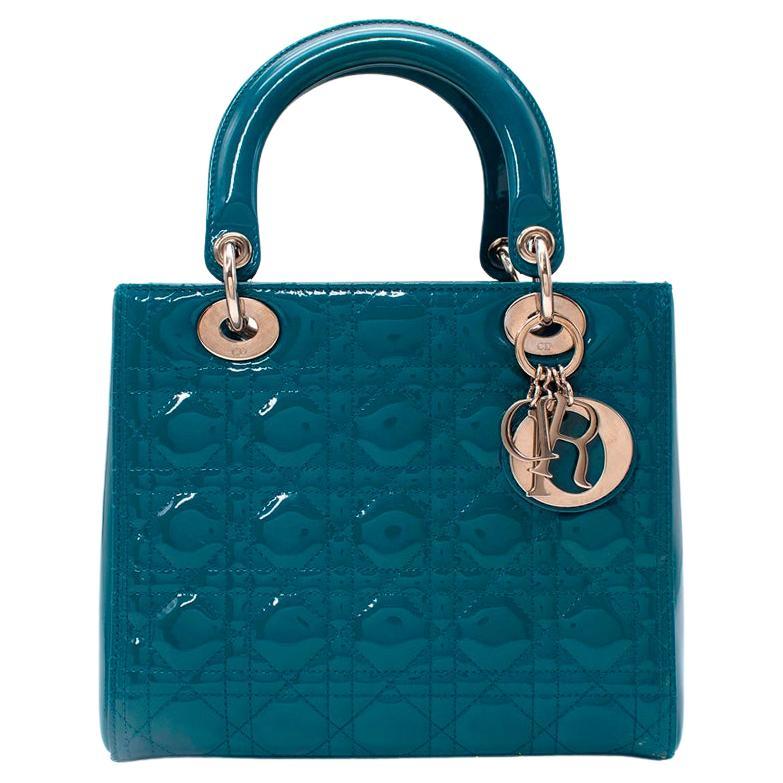 Dior Medium Teal Patent Leather Cannage Lady Dior Bag For Sale