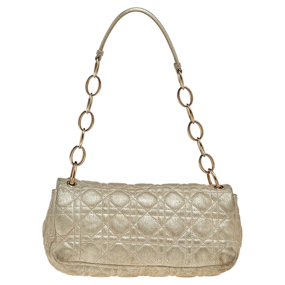Dior Metallic Beige Cannage Quilted Leather Rendezvous Shoulder Bag 4