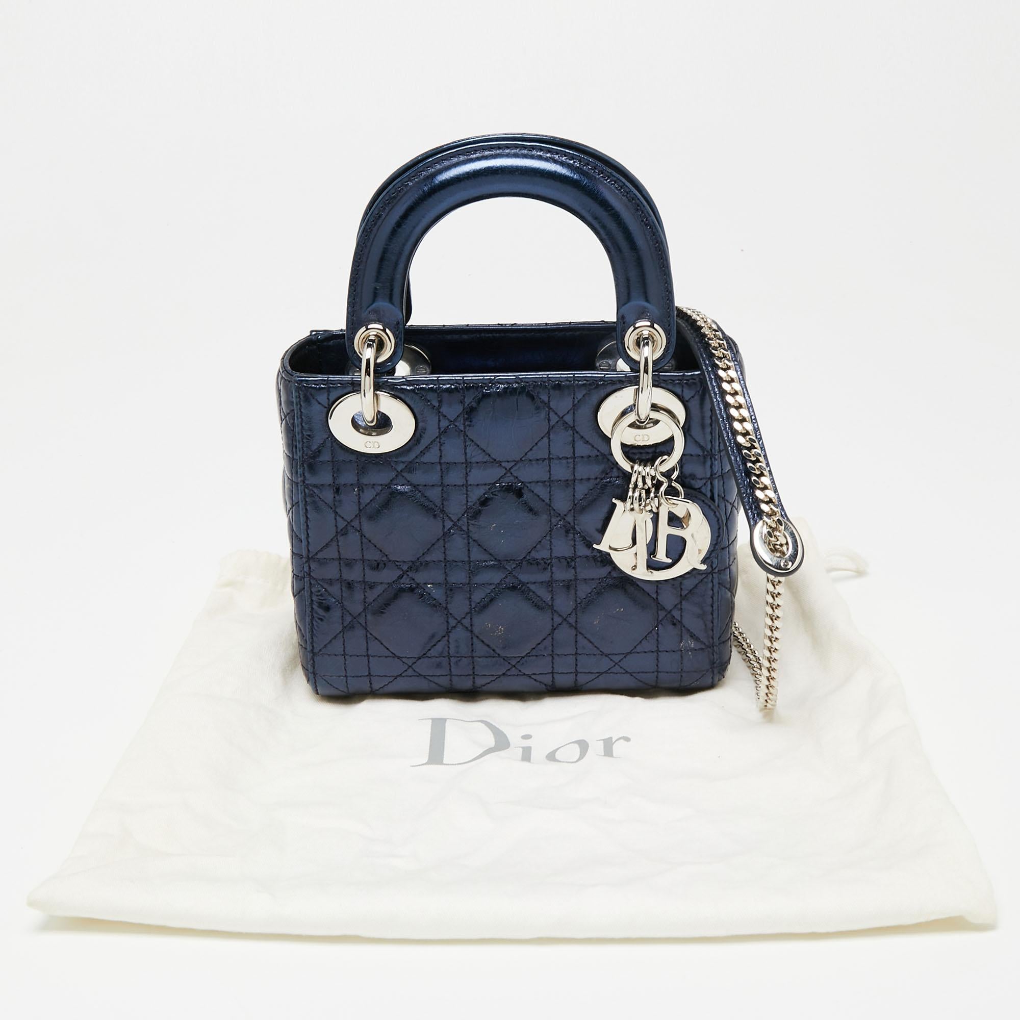 Dior Metallic Blue Cannage Crinkled Leather Mini Lady Dior Tote 8