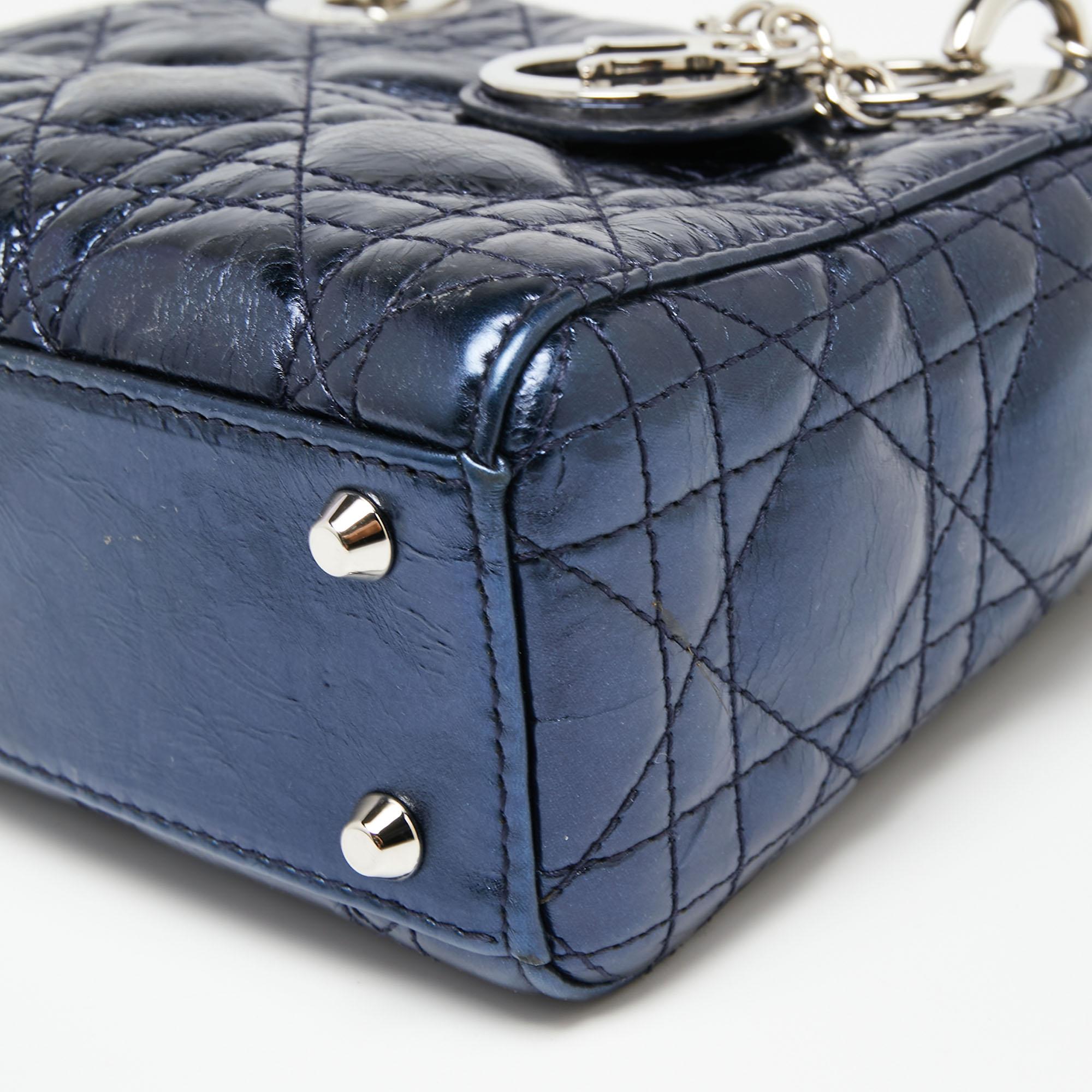Dior Metallic Blue Cannage Crinkled Leather Mini Lady Dior Tote 5