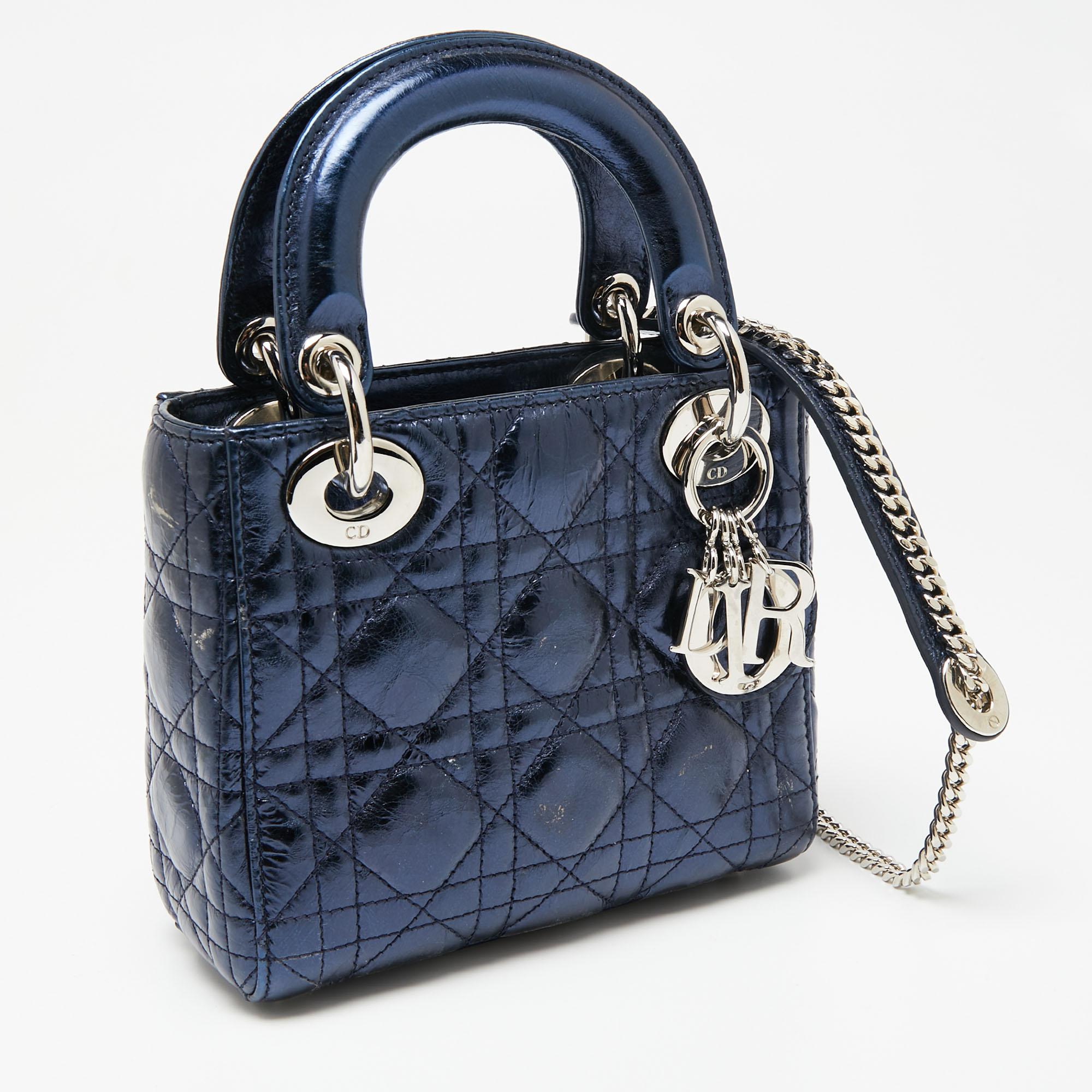 Women's Dior Metallic Blue Cannage Crinkled Leather Mini Lady Dior Tote