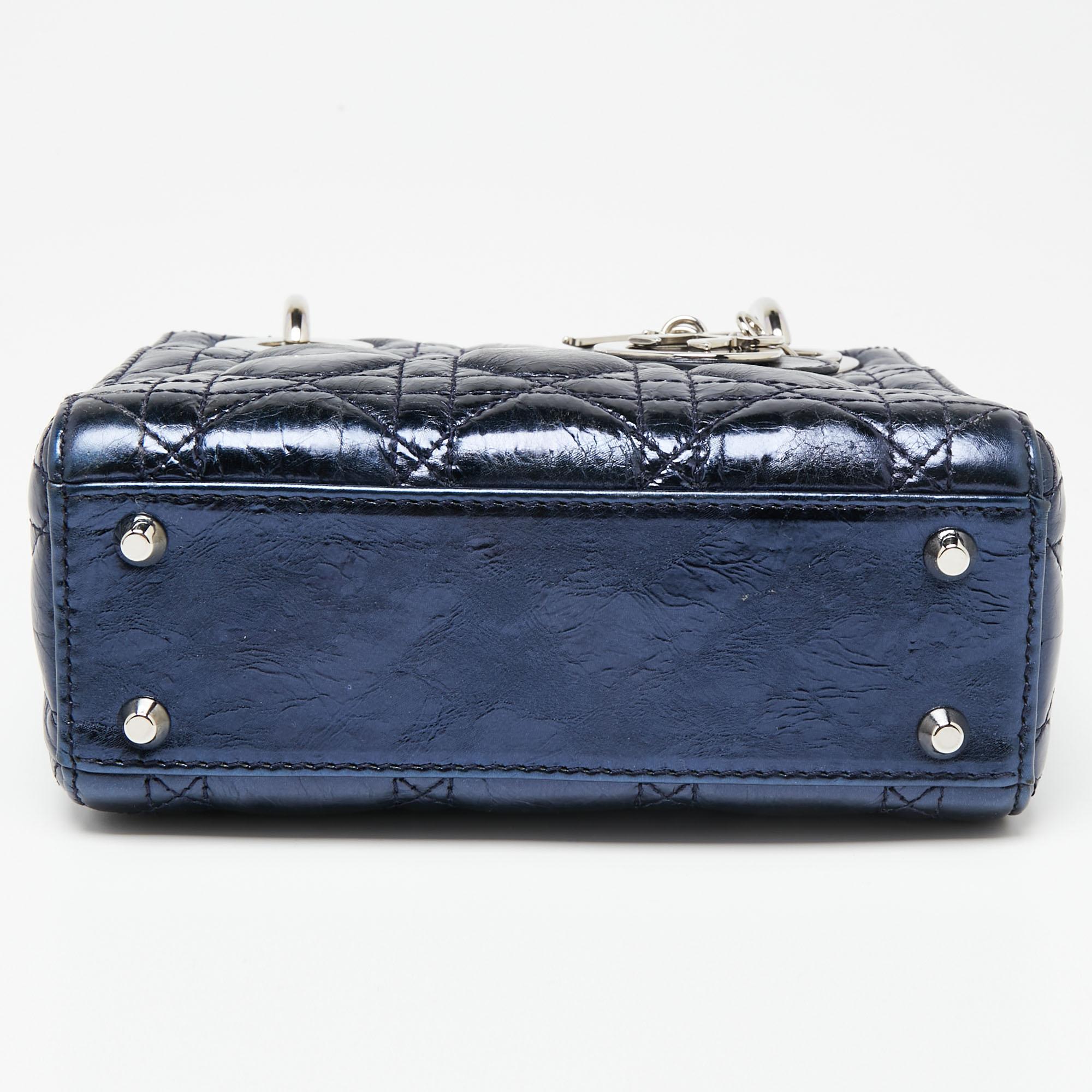 Dior Metallic Blue Cannage Crinkled Leather Mini Lady Dior Tote 1