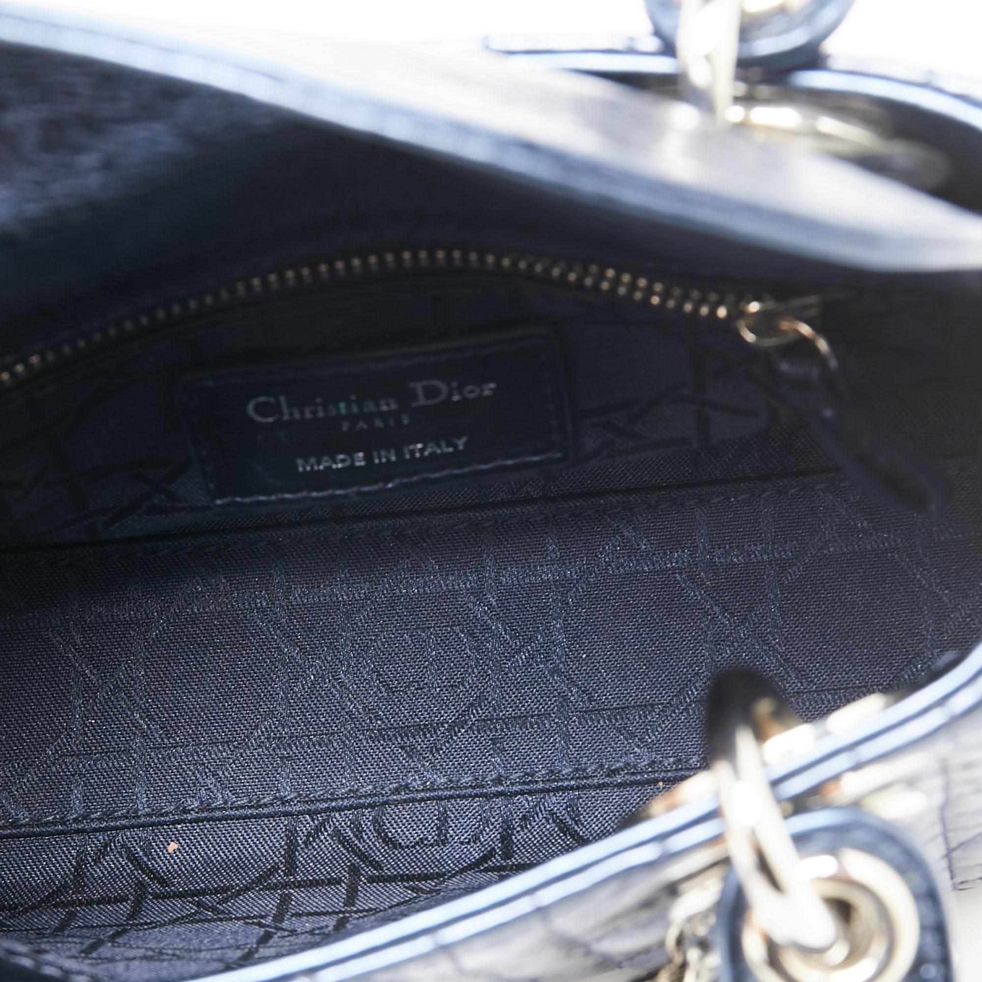 Dior Metallic Blue Cannage Crinkled Leather Mini Lady Dior Tote In Good Condition In Dubai, Al Qouz 2