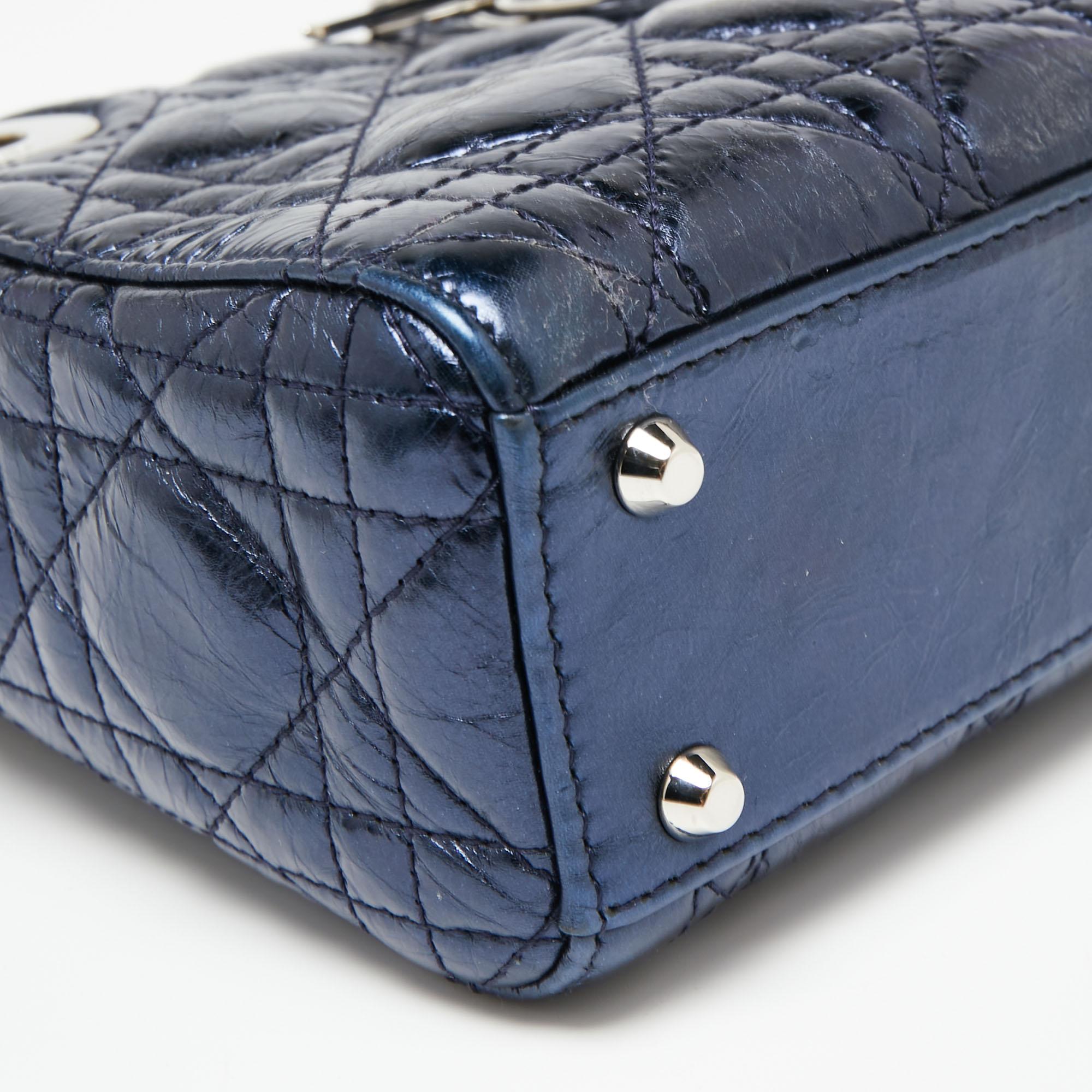 Dior Metallic Blue Cannage Crinkled Leather Mini Lady Dior Tote 3