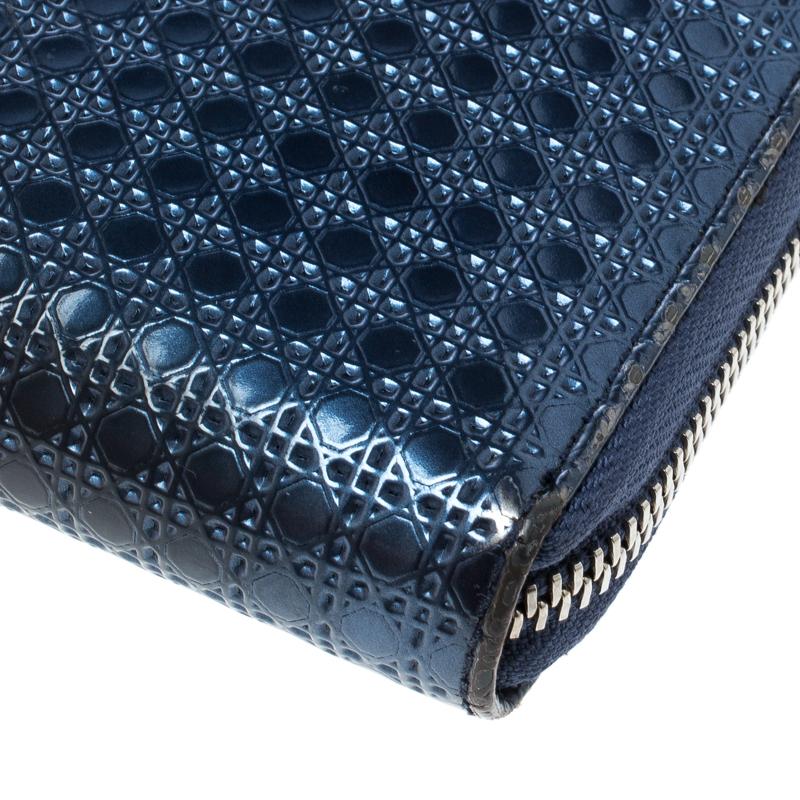 Dior Metallic Blue Cannage Patent Leather Zip Around Wallet 6