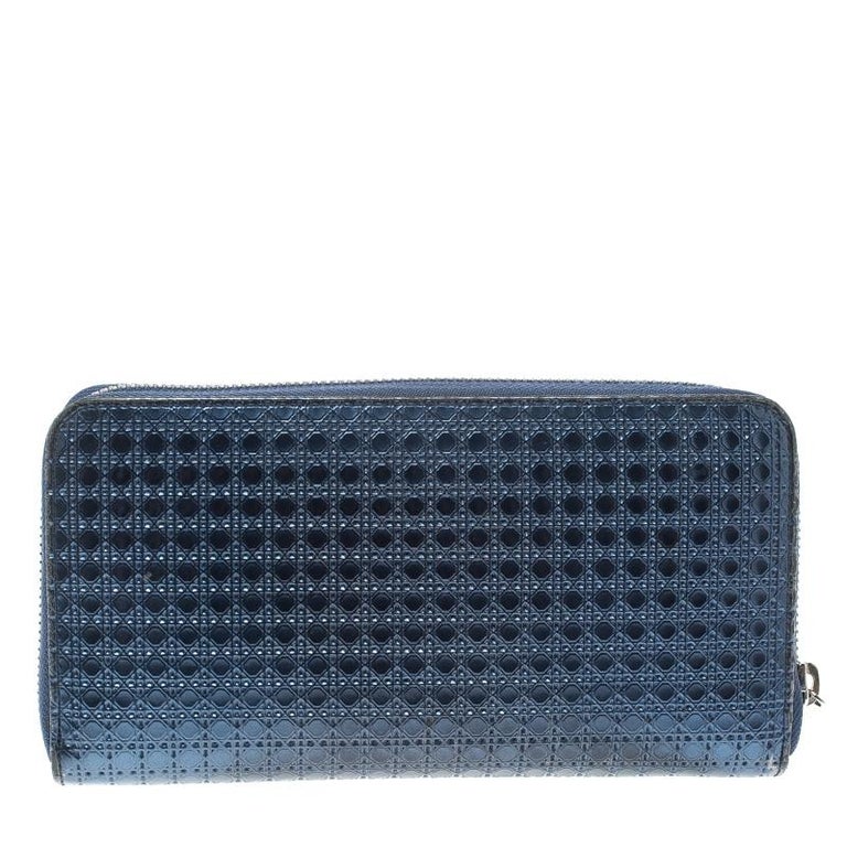Dior Metallic Blue Cannage Patent Leather Zip Around Wallet at 1stDibs