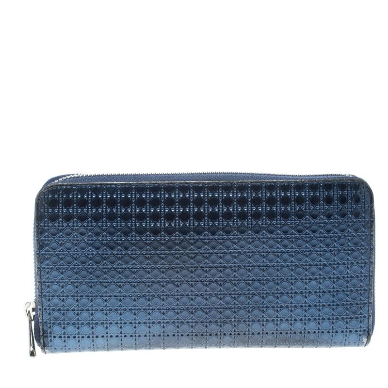 Women's Dior Metallic Blue Cannage Patent Leather Zip Around Wallet