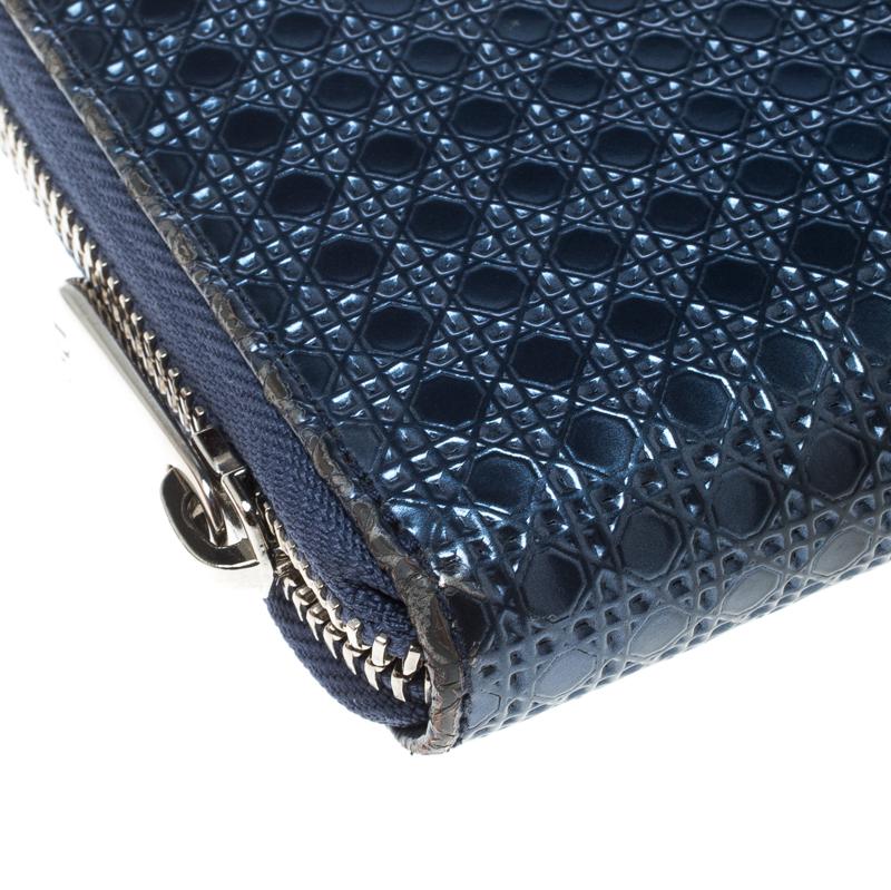 Dior Metallic Blue Cannage Patent Leather Zip Around Wallet 5