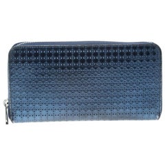 Dior Metallic Blue Cannage Patent Leather Zip Around Wallet