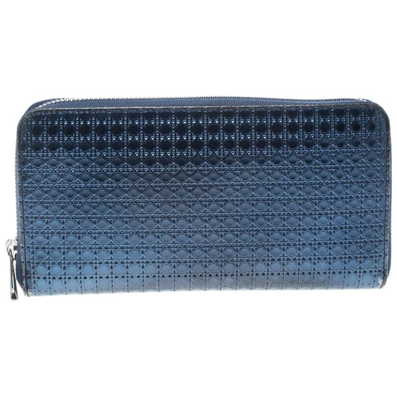 Dior Metallic Blue Cannage Patent Leather Zip Around Wallet