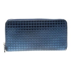 Dior Metallic Blue Cannage Patent Leather Zip Around Wallet