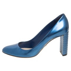 Dior Metallic Blue Leather Microcannage Block Heel Pumps Size 40