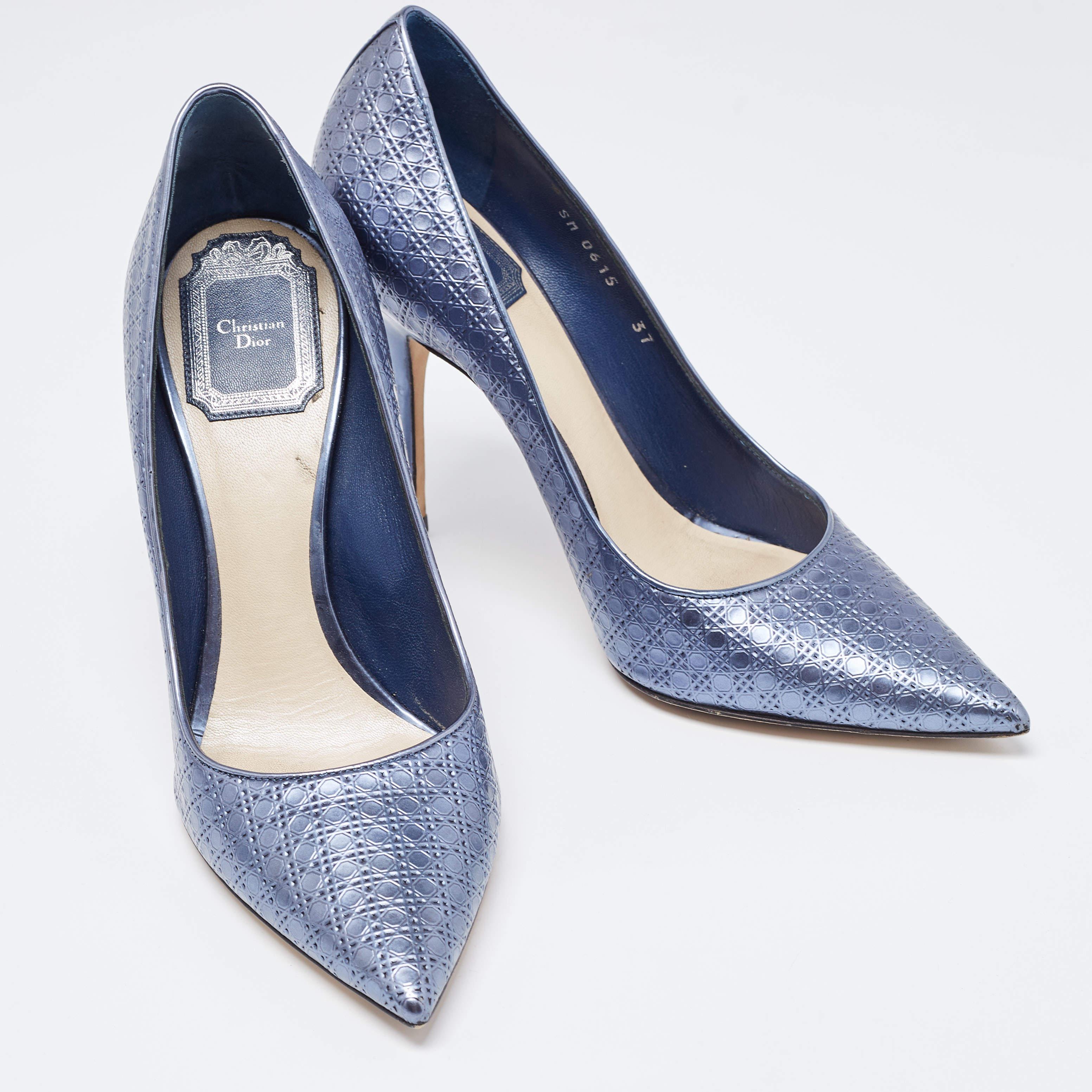 Dior Metallic Blue Micro Cannage Leather Cherie Pumps Size 37 1